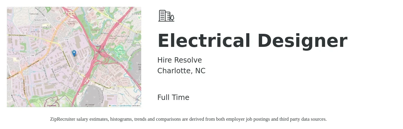 Hire Resolve job posting for a Electrical Designer in Charlotte, NC with a salary of $75,000 to $95,000 Yearly with a map of Charlotte location.