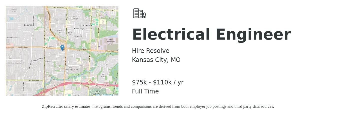 Hire Resolve job posting for a Electrical Engineer in Kansas City, MO with a salary of $81,000 to $128,800 Yearly with a map of Kansas City location.
