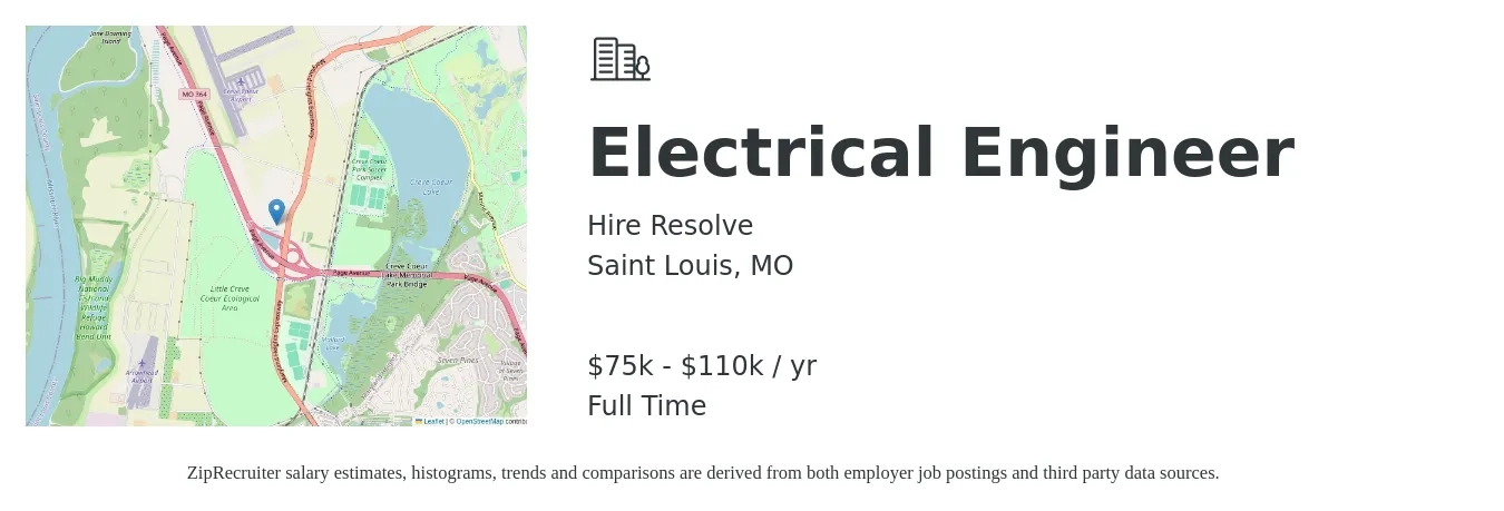 Hire Resolve job posting for a Electrical Engineer in Saint Louis, MO with a salary of $75,000 to $110,000 Yearly with a map of Saint Louis location.