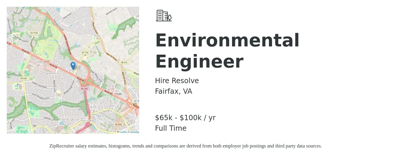 Hire Resolve job posting for a Environmental Engineer in Fairfax, VA with a salary of $65,000 to $100,000 Yearly with a map of Fairfax location.