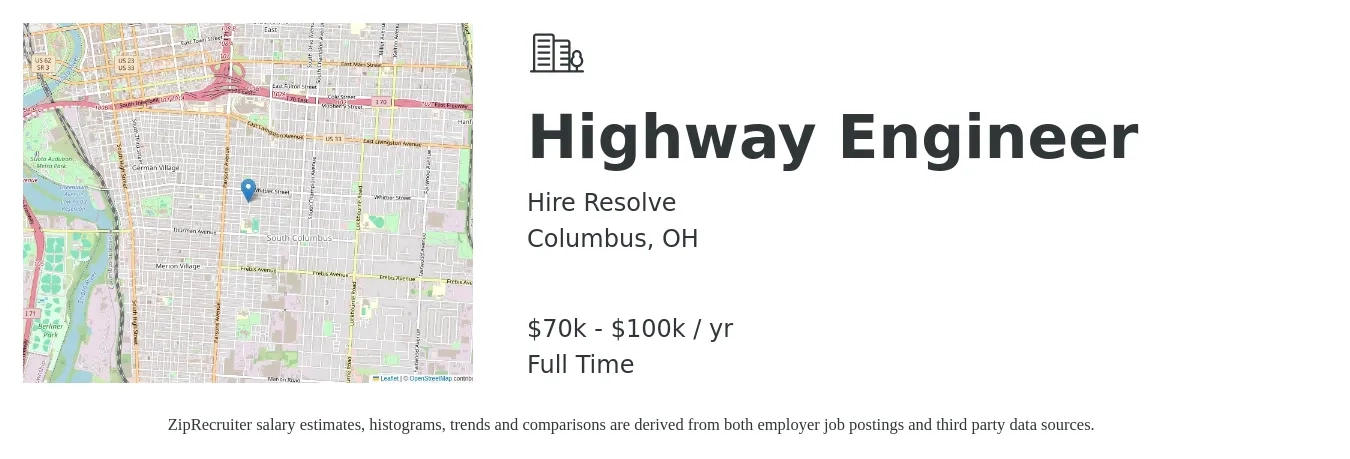 Hire Resolve job posting for a Highway Engineer in Columbus, OH with a salary of $70,000 to $100,000 Yearly with a map of Columbus location.