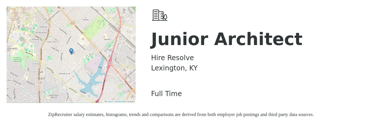 Hire Resolve job posting for a Junior Architect in Lexington, KY with a salary of $84,000 to $126,000 Yearly with a map of Lexington location.