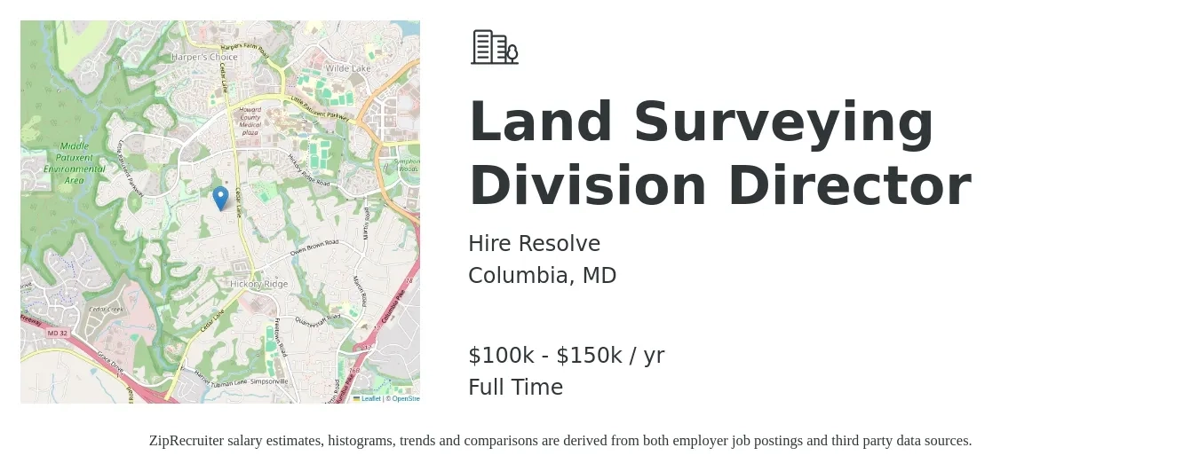 Hire Resolve job posting for a Land Surveying Division Director in Columbia, MD with a salary of $100,000 to $150,000 Yearly with a map of Columbia location.