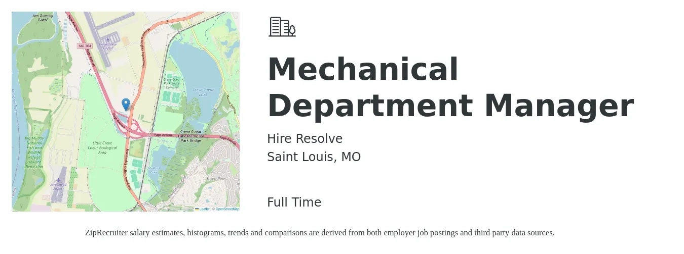 Hire Resolve job posting for a Mechanical Department Manager in Saint Louis, MO with a salary of $104,500 to $140,000 Yearly with a map of Saint Louis location.