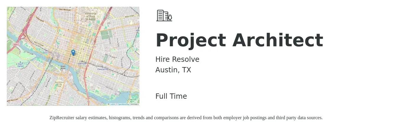 Hire Resolve job posting for a Project Architect in Austin, TX with a salary of $75,000 to $115,000 Yearly with a map of Austin location.