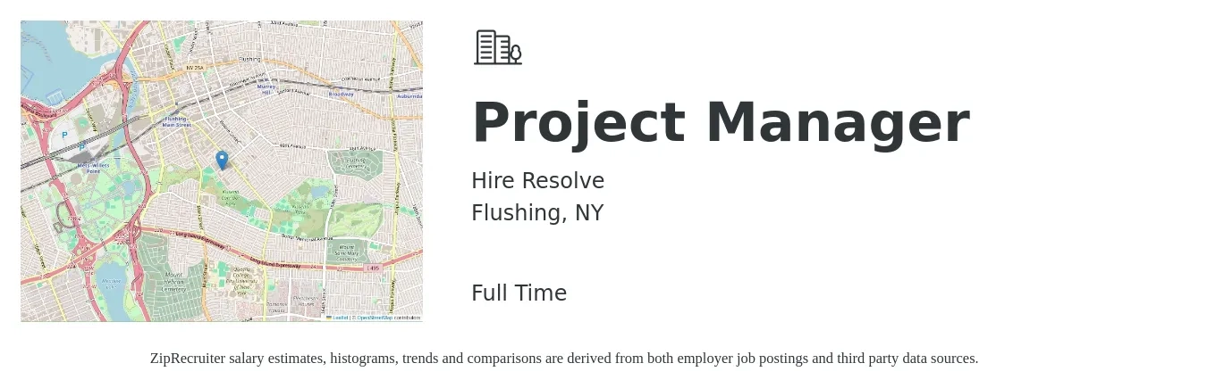 Hire Resolve job posting for a Project Manager in Flushing, NY with a salary of $81,900 to $128,300 Yearly with a map of Flushing location.
