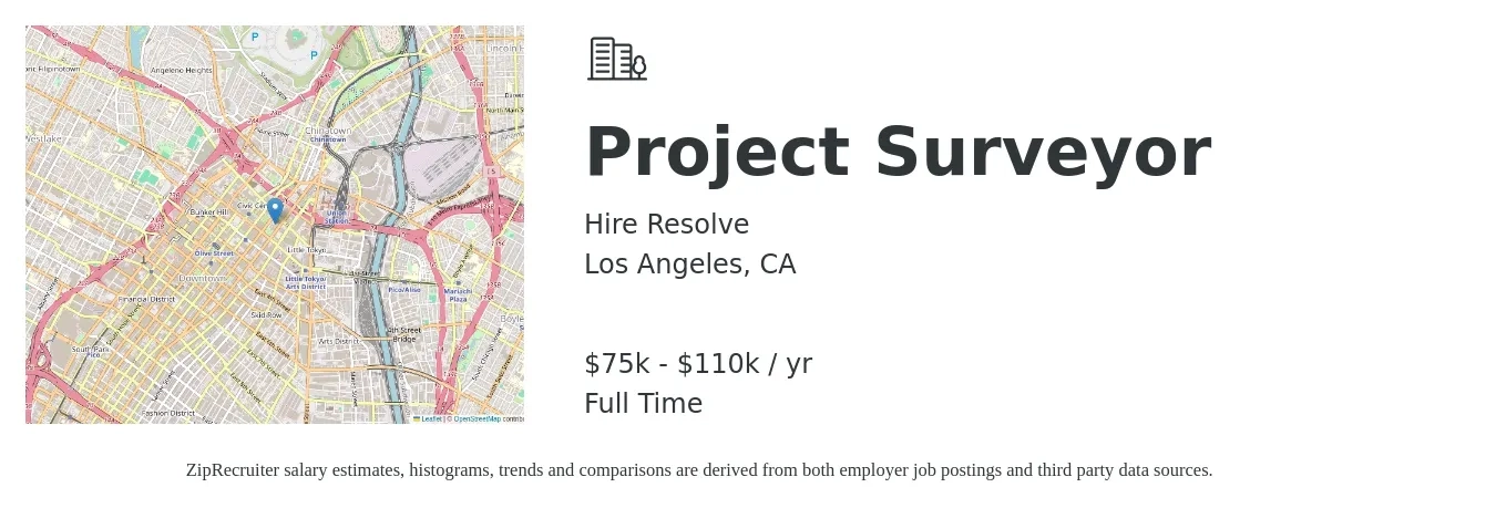 Hire Resolve job posting for a Project Surveyor in Los Angeles, CA with a salary of $75,000 to $110,000 Yearly with a map of Los Angeles location.