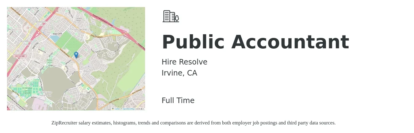 Hire Resolve job posting for a Public Accountant in Irvine, CA with a salary of $65,000 to $110,000 Yearly with a map of Irvine location.