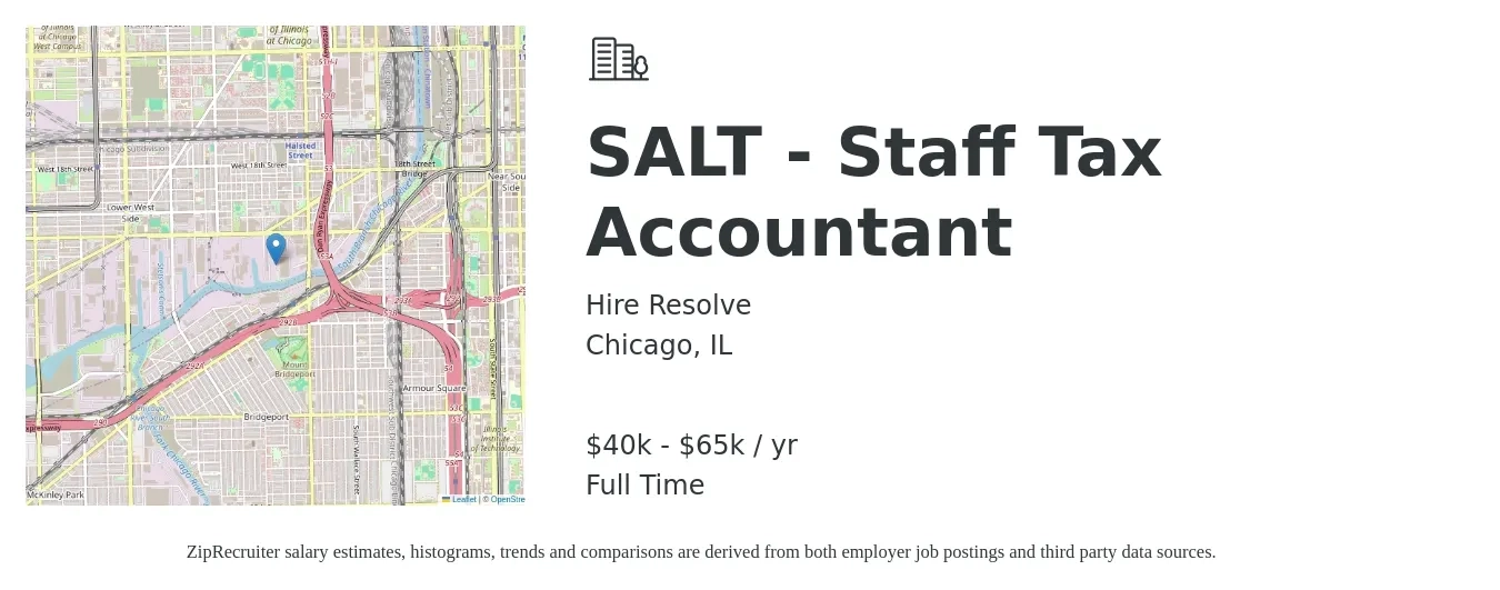 Hire Resolve job posting for a SALT - Staff Tax Accountant in Chicago, IL with a salary of $40,000 to $65,000 Yearly with a map of Chicago location.