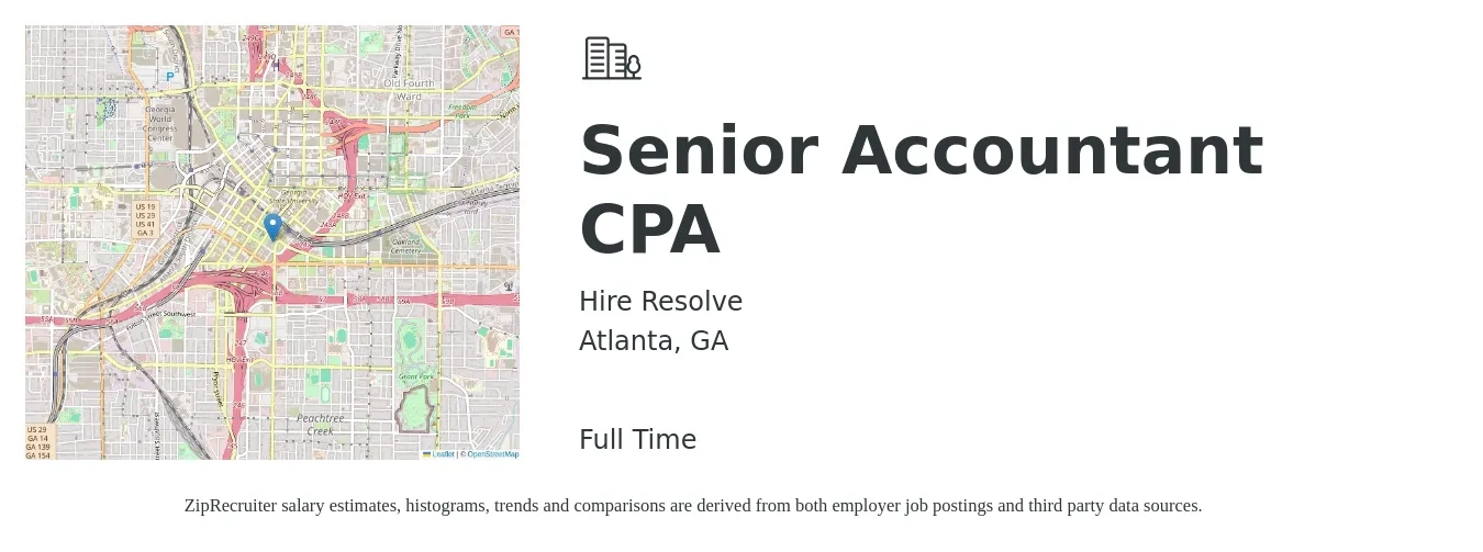 Hire Resolve job posting for a Senior Accountant CPA in Atlanta, GA with a salary of $76,900 to $115,400 Yearly with a map of Atlanta location.