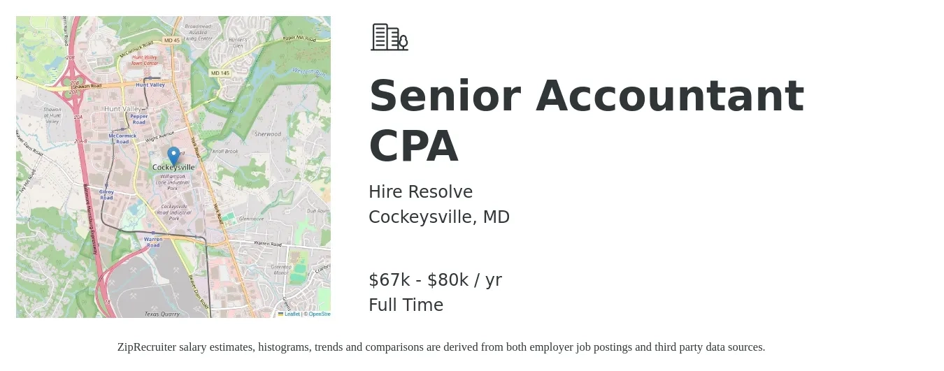 Hire Resolve job posting for a Senior Accountant CPA in Cockeysville, MD with a salary of $67,000 to $80,000 Yearly with a map of Cockeysville location.