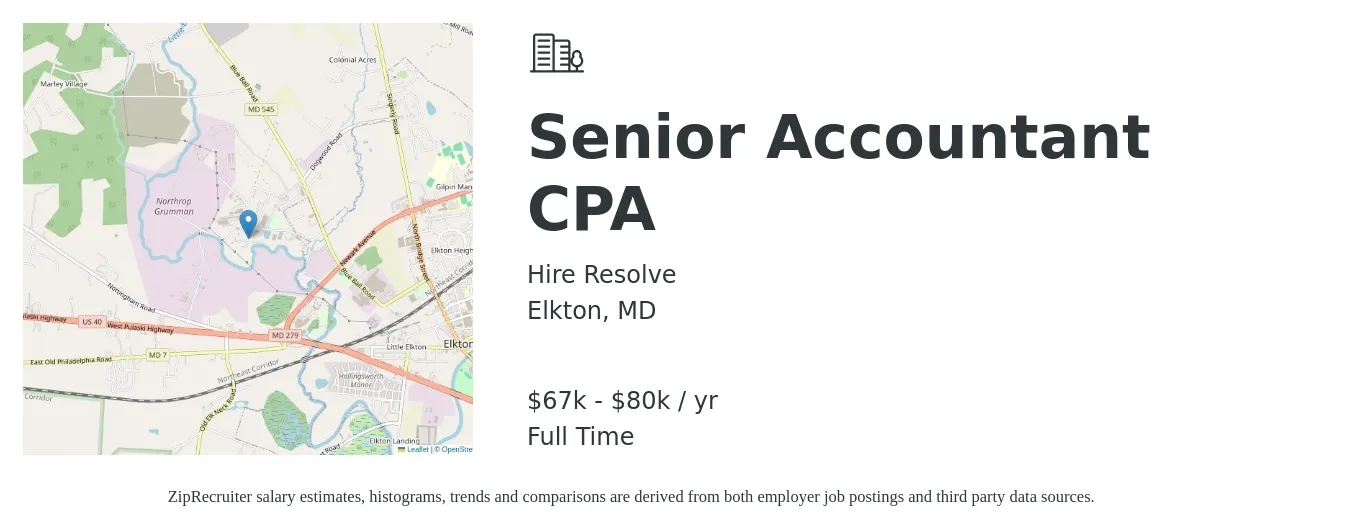 Hire Resolve job posting for a Senior Accountant CPA in Elkton, MD with a salary of $67,000 to $80,000 Yearly with a map of Elkton location.