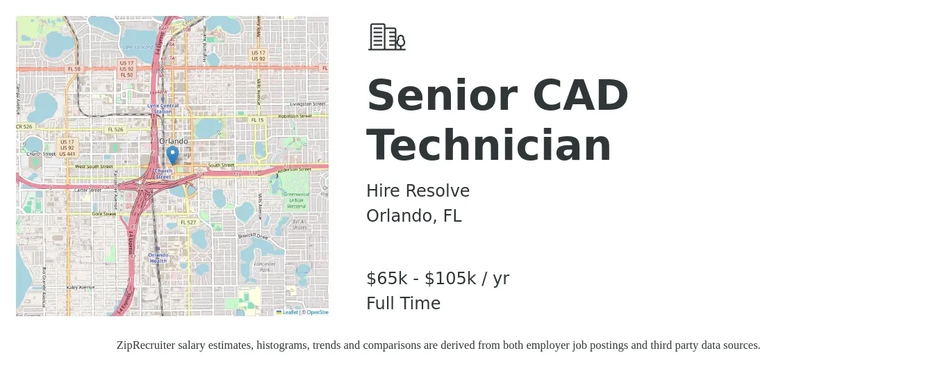 Hire Resolve job posting for a Senior CAD Technician in Orlando, FL with a salary of $65,000 to $105,000 Yearly with a map of Orlando location.
