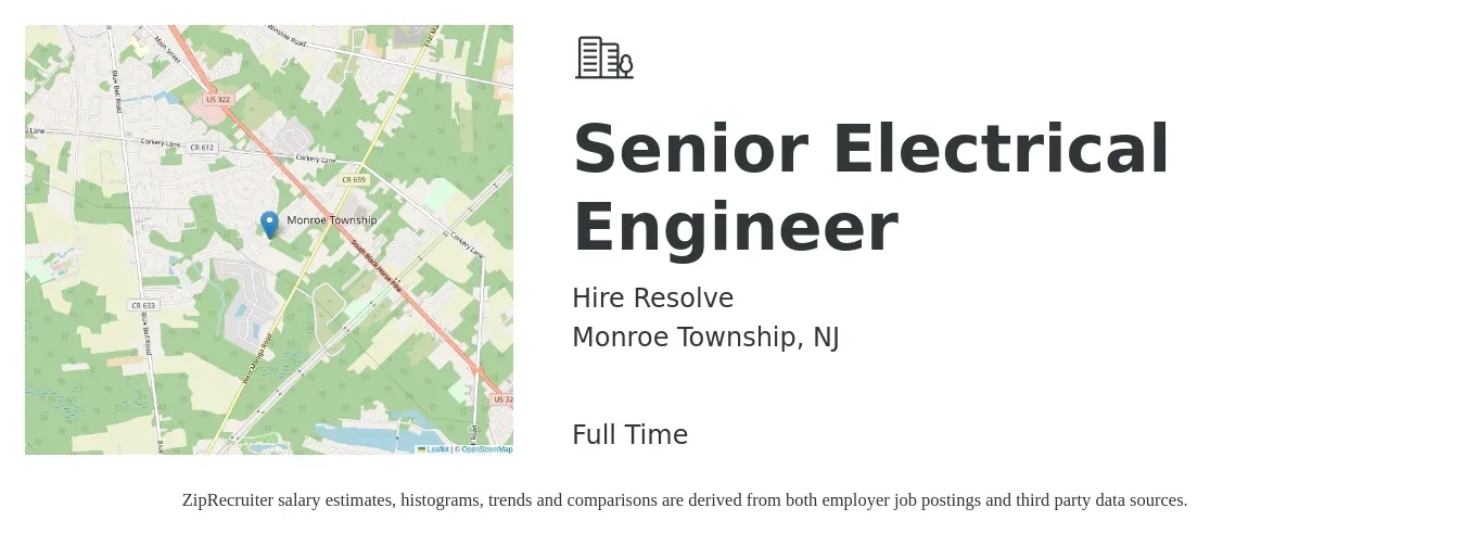 Hire Resolve job posting for a Senior Electrical Engineer in Monroe Township, NJ with a salary of $95,000 to $125,000 Yearly with a map of Monroe Township location.