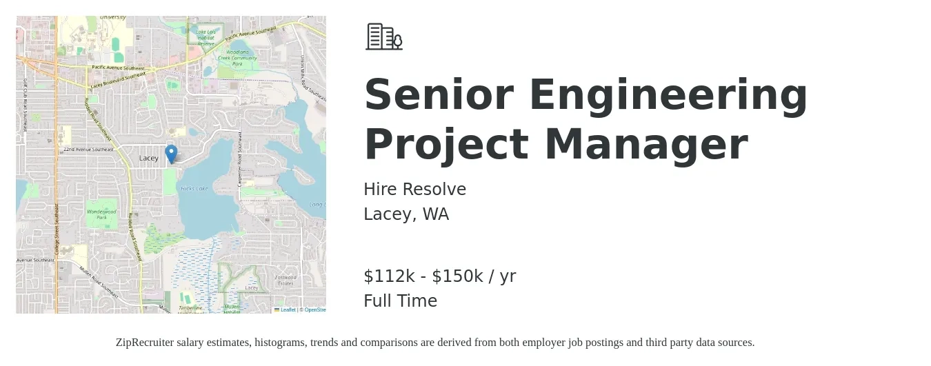 Hire Resolve job posting for a Senior Engineering Project Manager in Lacey, WA with a salary of $112,000 to $150,000 Yearly with a map of Lacey location.