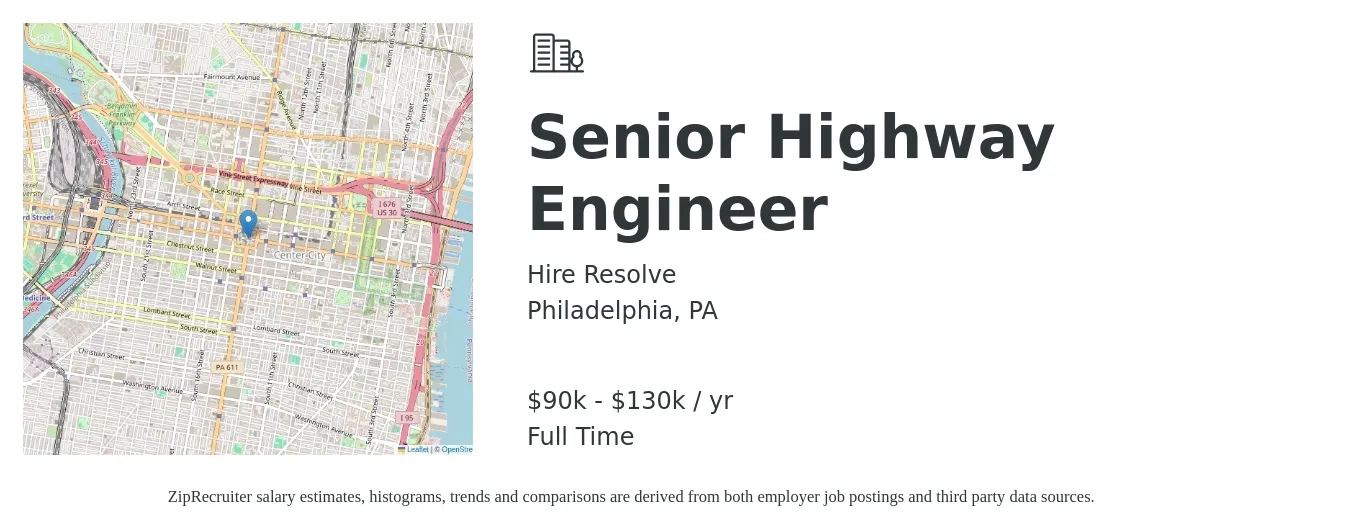 Hire Resolve job posting for a Senior Highway Engineer in Philadelphia, PA with a salary of $90,000 to $130,000 Yearly with a map of Philadelphia location.