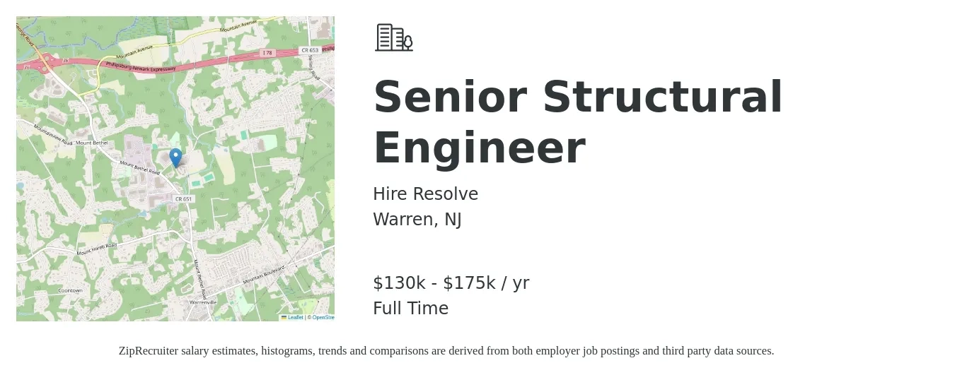 Hire Resolve job posting for a Senior Structural Engineer in Warren, NJ with a salary of $130,000 to $175,000 Yearly with a map of Warren location.