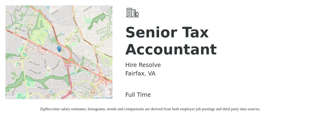 Hire Resolve job posting for a Senior Tax Accountant in Fairfax, VA with a salary of $80,000 to $97,000 Yearly with a map of Fairfax location.