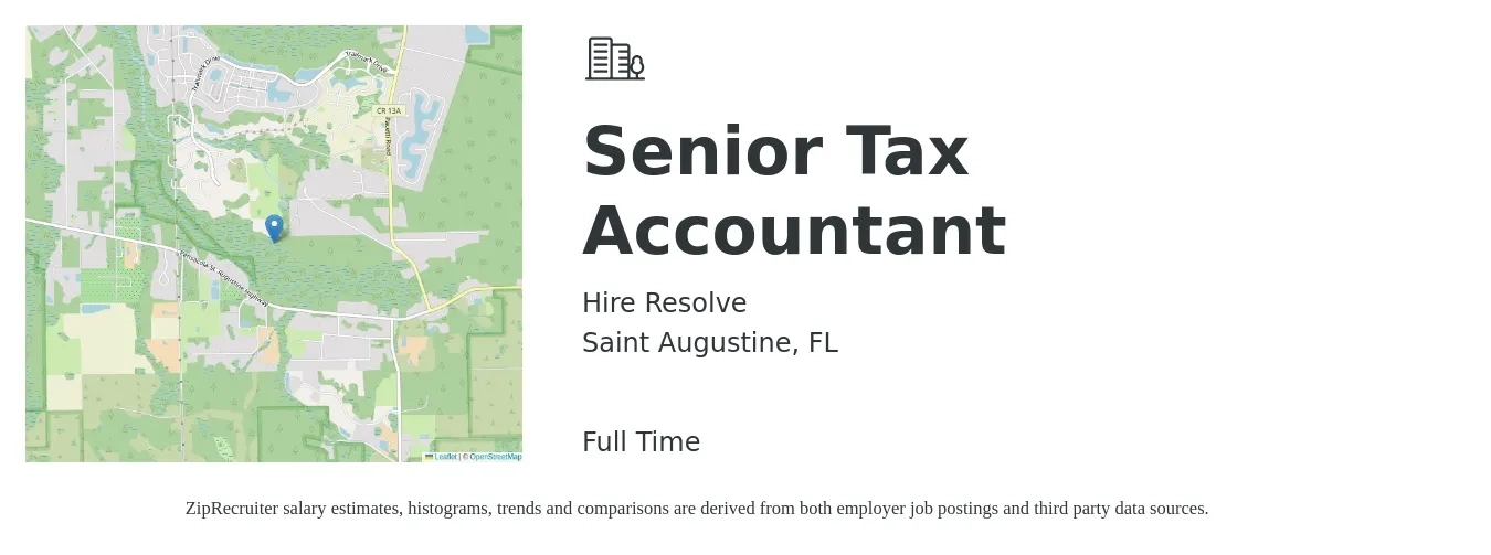 Hire Resolve job posting for a Senior Tax Accountant in Saint Augustine, FL with a salary of $80,000 to $97,000 Yearly with a map of Saint Augustine location.