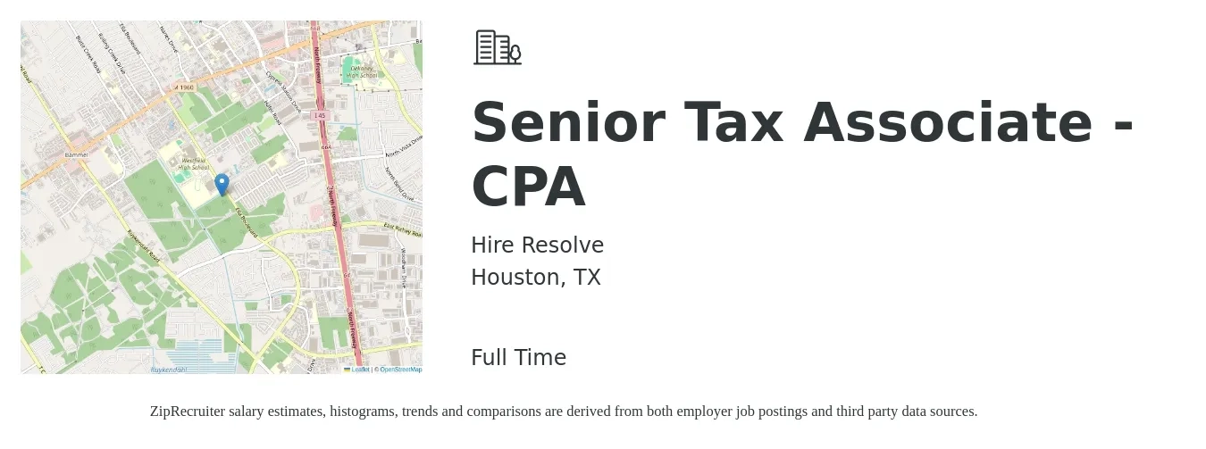 Hire Resolve job posting for a Senior Tax Associate - CPA in Houston, TX with a salary of $75,000 to $95,000 Yearly with a map of Houston location.