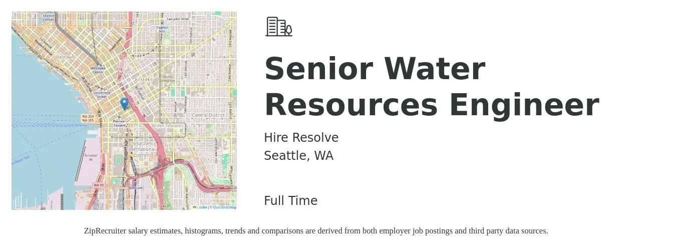 Hire Resolve job posting for a Senior Water Resources Engineer in Seattle, WA with a salary of $120,000 to $150,000 Yearly with a map of Seattle location.