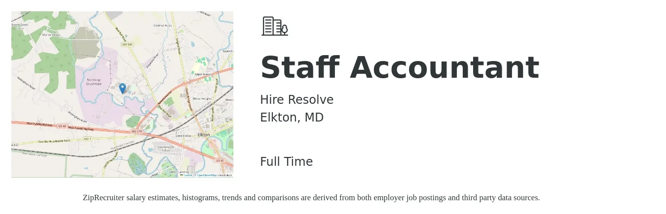 Hire Resolve job posting for a Staff Accountant in Elkton, MD with a salary of $55,000 to $67,000 Yearly with a map of Elkton location.