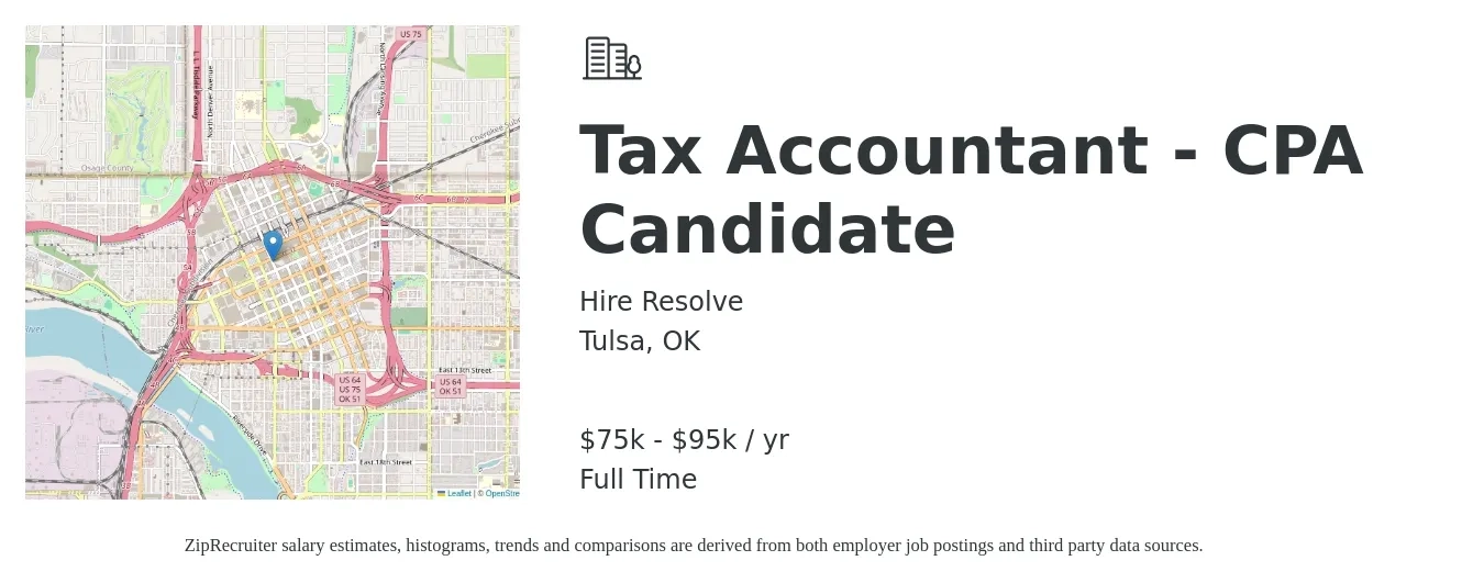 Hire Resolve job posting for a Tax Accountant - CPA Candidate in Tulsa, OK with a salary of $75,000 to $95,000 Yearly with a map of Tulsa location.