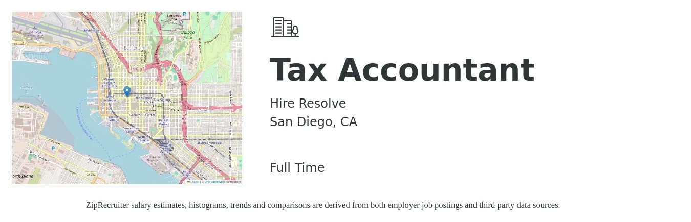 Hire Resolve job posting for a Tax Accountant in San Diego, CA with a salary of $69,500 to $99,800 Yearly with a map of San Diego location.