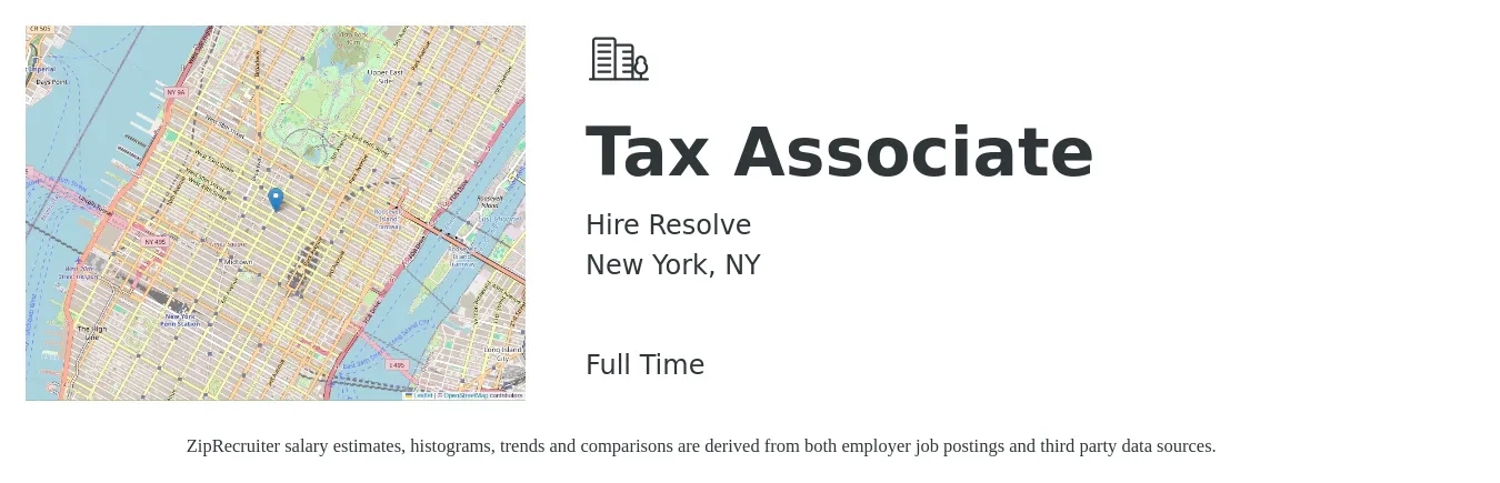Hire Resolve job posting for a Tax Associate in New York, NY with a salary of $65,000 to $85,000 Yearly with a map of New York location.