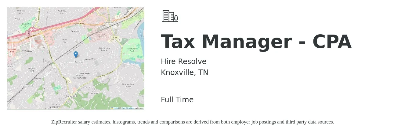 Hire Resolve job posting for a Tax Manager - CPA in Knoxville, TN with a salary of $105,900 to $138,900 Yearly with a map of Knoxville location.
