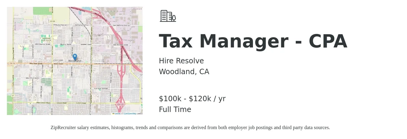 Hire Resolve job posting for a Tax Manager - CPA in Woodland, CA with a salary of $100,000 to $120,000 Yearly with a map of Woodland location.