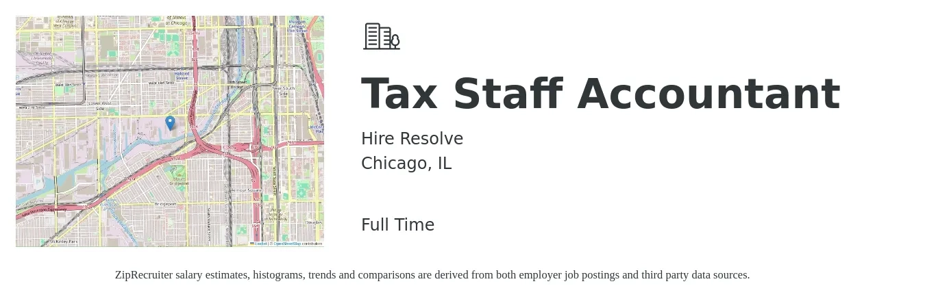 Hire Resolve job posting for a Tax Staff Accountant in Chicago, IL with a salary of $55,000 to $69,000 Yearly with a map of Chicago location.