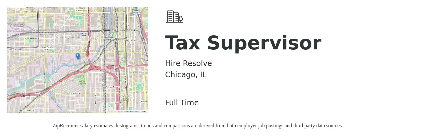 Hire Resolve job posting for a Tax Supervisor in Chicago, IL with a salary of $90,000 Yearly with a map of Chicago location.