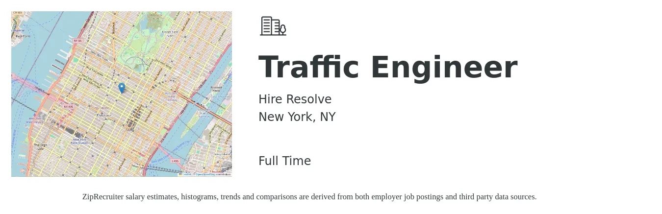 Hire Resolve job posting for a Traffic Engineer in New York, NY with a salary of $75,000 to $115,000 Yearly with a map of New York location.