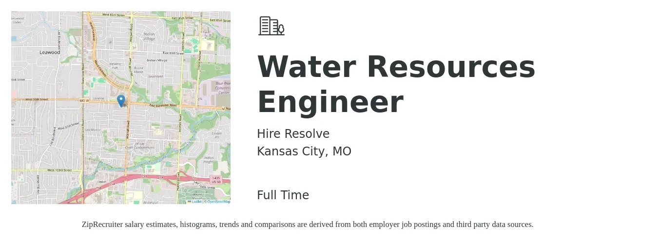 Hire Resolve job posting for a Water Resources Engineer in Kansas City, MO with a salary of $70,000 to $100,000 Yearly with a map of Kansas City location.