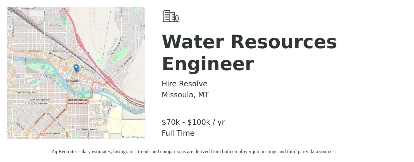 Hire Resolve job posting for a Water Resources Engineer in Missoula, MT with a salary of $70,000 to $100,000 Yearly with a map of Missoula location.