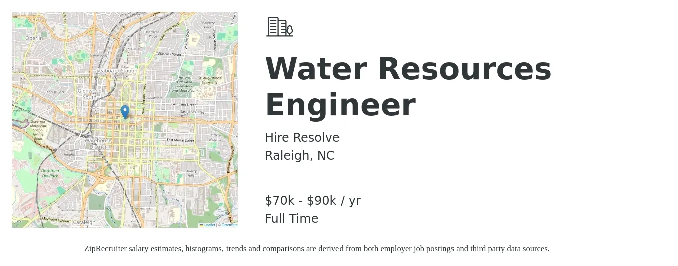 Hire Resolve job posting for a Water Resources Engineer in Raleigh, NC with a salary of $70,000 to $90,000 Yearly with a map of Raleigh location.