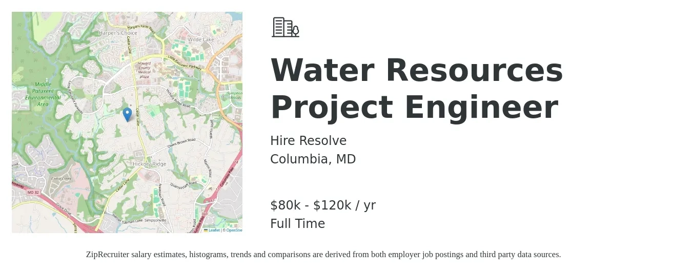 Hire Resolve job posting for a Water Resources Project Engineer in Columbia, MD with a salary of $80,000 to $120,000 Yearly with a map of Columbia location.