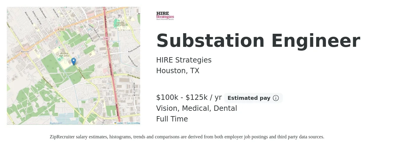 HIRE Strategies job posting for a Substation Engineer in Houston, TX with a salary of $100,000 to $125,000 Yearly (plus commission) and benefits including dental, life_insurance, medical, pto, retirement, and vision with a map of Houston location.