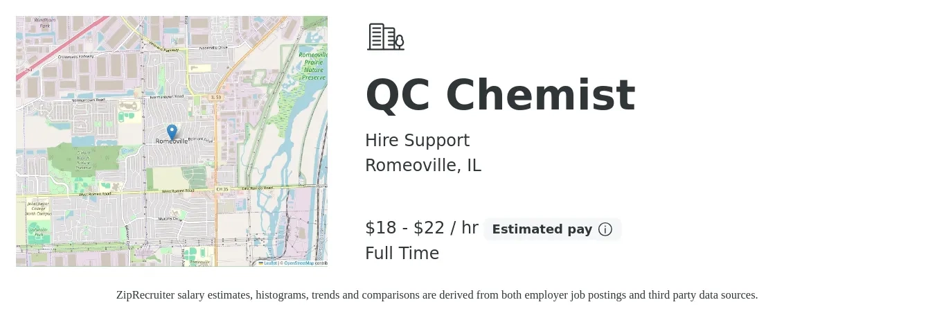 Hire Support job posting for a QC Chemist in Romeoville, IL with a salary of $19 to $23 Hourly with a map of Romeoville location.