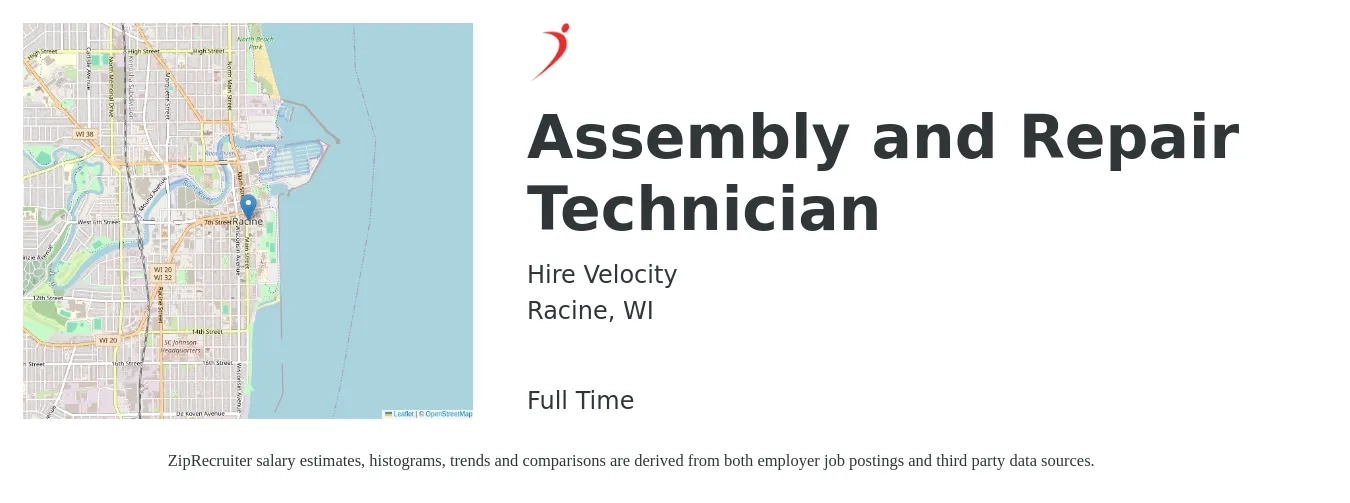 Hire Velocity job posting for a Assembly and Repair Technician in Racine, WI with a salary of $16 to $21 Hourly with a map of Racine location.