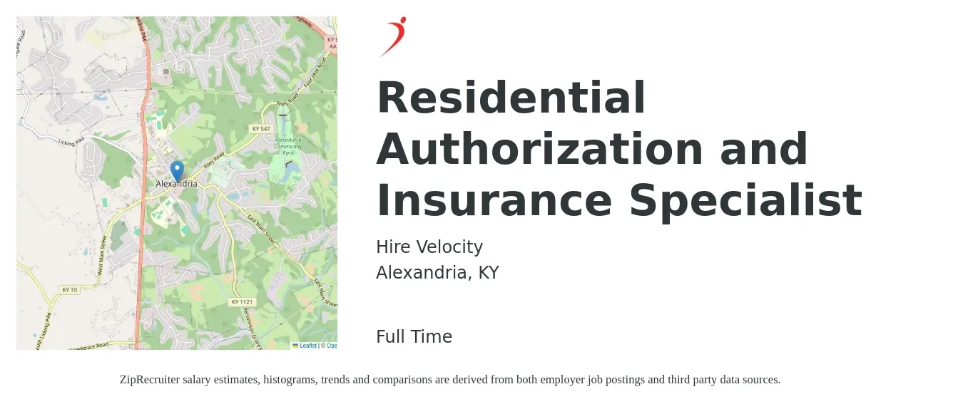 Hire Velocity job posting for a Residential Authorization and Insurance Specialist in Alexandria, KY with a salary of $16 to $20 Hourly with a map of Alexandria location.