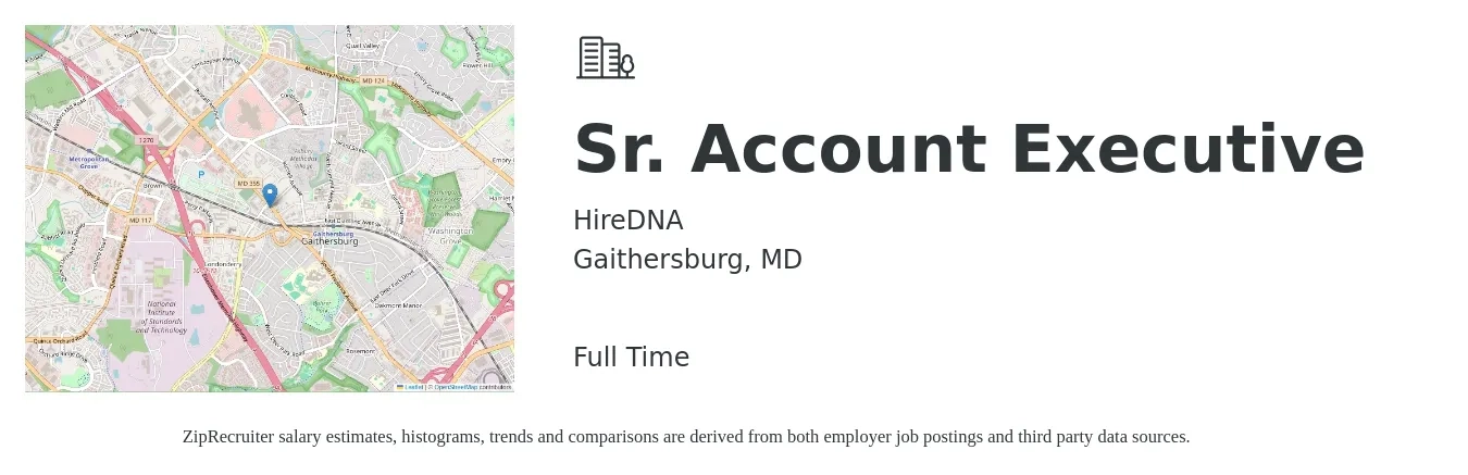 HireDNA job posting for a Sr. Account Executive in Gaithersburg, MD with a salary of $83,200 to $127,500 Yearly with a map of Gaithersburg location.