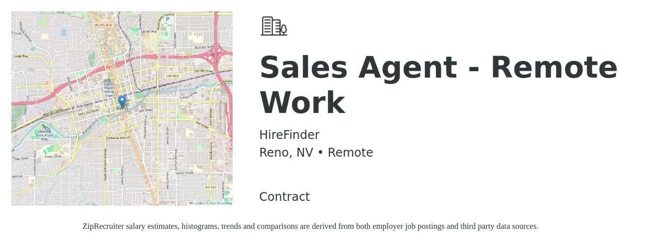 HireFinder job posting for a Sales Agent - Remote Work in Reno, NV with a salary of $34,900 to $94,700 Yearly with a map of Reno location.