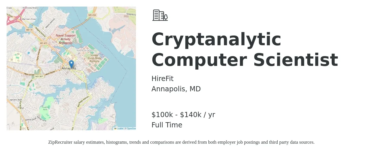 HireFit job posting for a Cryptanalytic Computer Scientist in Annapolis, MD with a salary of $100,000 to $140,000 Yearly with a map of Annapolis location.