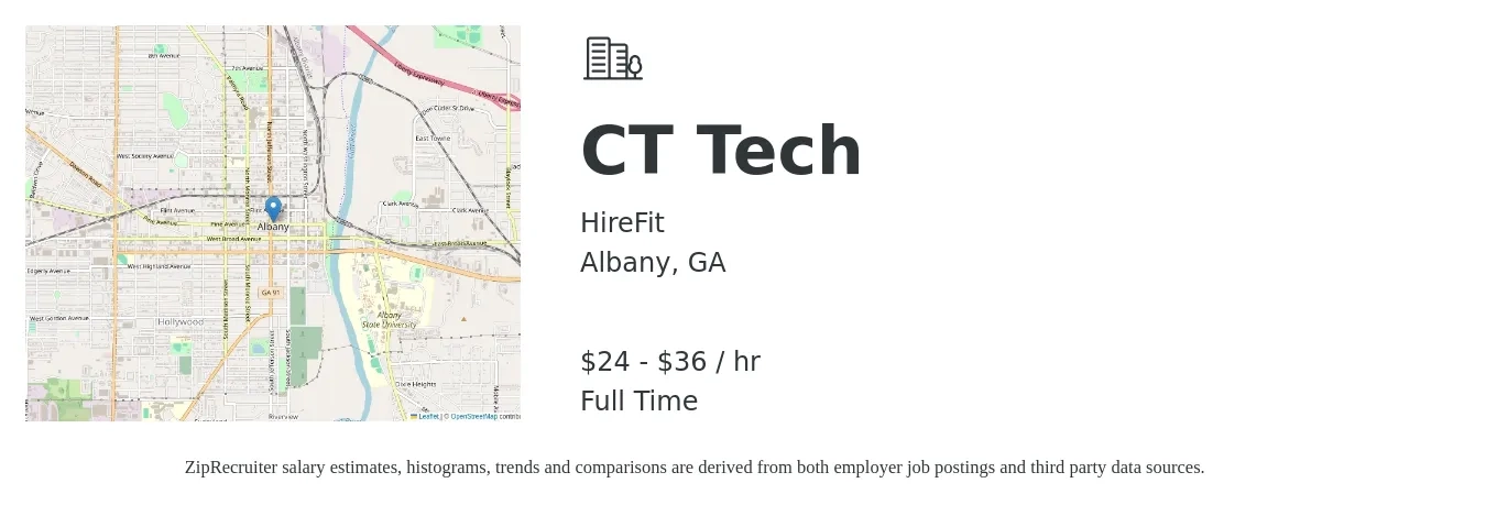 HireFit job posting for a CT Tech in Albany, GA with a salary of $25 to $38 Hourly with a map of Albany location.