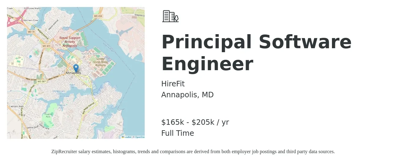 HireFit job posting for a Principal Software Engineer in Annapolis, MD with a salary of $165,000 to $205,000 Yearly with a map of Annapolis location.