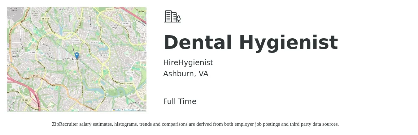 HireHygienist job posting for a Dental Hygienist in Ashburn, VA with a salary of $39 to $51 Hourly with a map of Ashburn location.