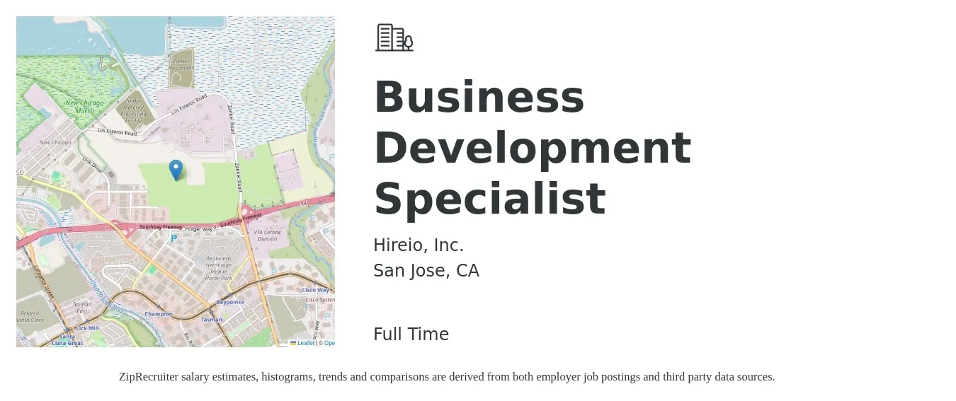 Hireio, Inc. job posting for a Business Development Specialist in San Jose, CA with a salary of $55,100 to $92,000 Yearly with a map of San Jose location.