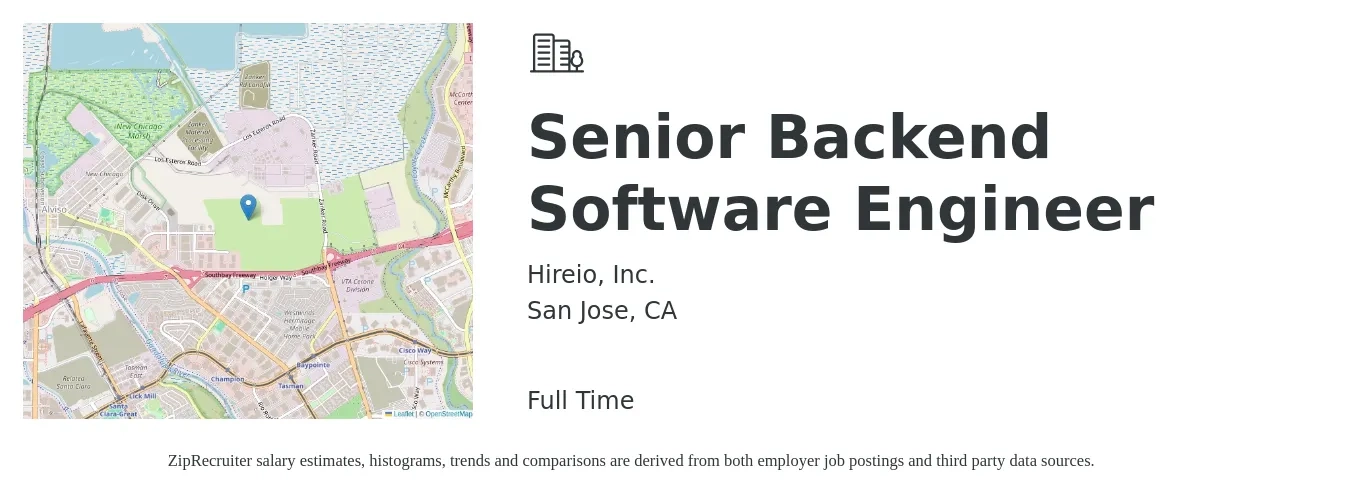 Hireio, Inc. job posting for a Senior Backend Software Engineer in San Jose, CA with a salary of $143,600 to $189,300 Yearly with a map of San Jose location.